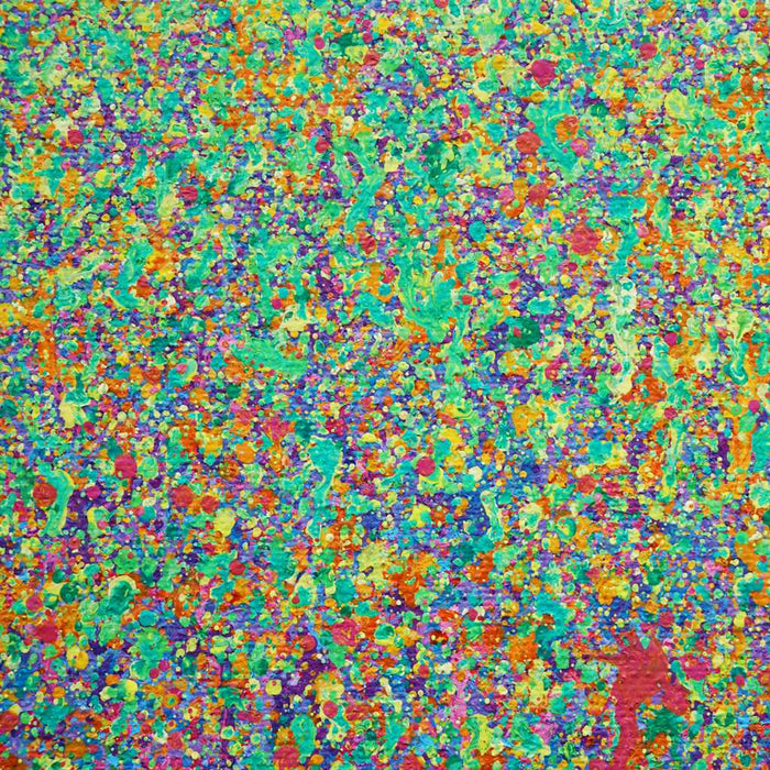Abstrakte Kunst „Claim 142“ (Ausschnitt), buntes Gemälde im Querformat mit dichter Farbstruktur, Mischtechnik auf Leinwand. Künstler Mark Hellbusch
