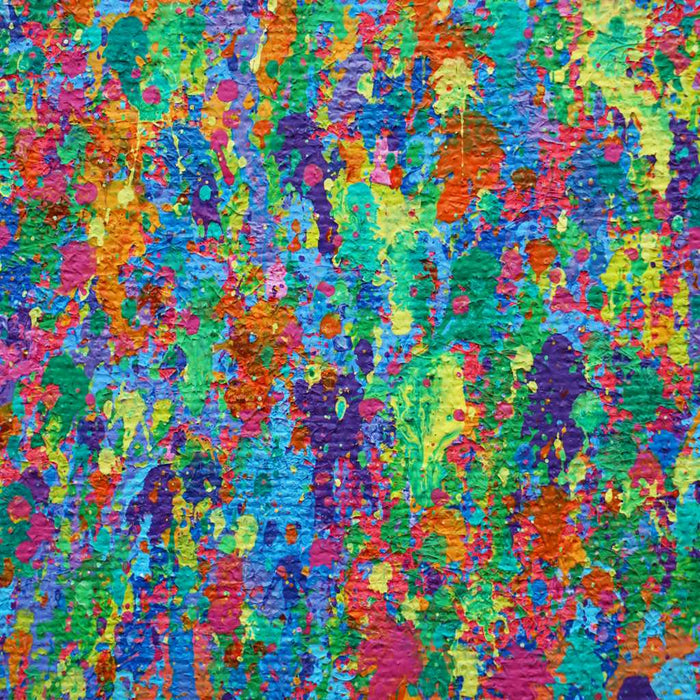Abstrakte Kunst „Claim 142“ (Ausschnitt), buntes Gemälde im Querformat mit dichter Farbstruktur, Mischtechnik auf Leinwand. Künstler Mark Hellbusch