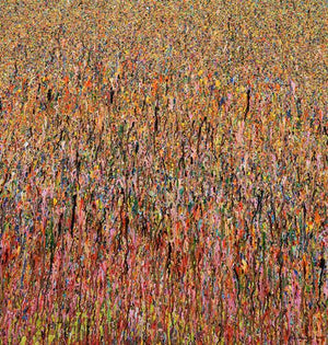 Stilvolles und experimentelles Gemälde 'Claim 35' von Mark Hellbusch (130x120 cm), das eine dynamische Textur und lebendige Farben zeigt, die eine harmonische und energische Komposition bilden. ARTLET - Atelier Hellbusch