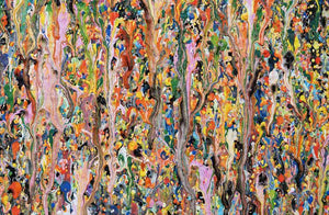 Stilvolles und experimentelles Gemälde 'Claim 35' von Mark Hellbusch (130x120 cm), das eine dynamische Textur und lebendige Farben zeigt, die eine harmonische und energische Komposition bilden (Nahaufnahme). ARTLET - Atelier Hellbusch