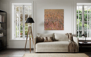 Stilvolles und experimentelles Gemälde 'Claim 35' von Mark Hellbusch (130x120 cm), das eine dynamische Textur und lebendige Farben zeigt, die eine harmonische und energische Komposition bilden (in situ). ARTLET - Atelier Hellbusch