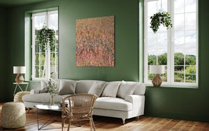Stilvolles und experimentelles Gemälde 'Claim 35' von Mark Hellbusch (130x120 cm), das eine dynamische Textur und lebendige Farben zeigt, die eine harmonische und energische Komposition bilden (in situ). ARTLET - Atelier Hellbusch