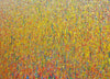 Claim 81 | Abstrakte Landschaft auf Leinwand 100 x 140 cm, fotografiert aus der Seitenperspektive. Bunte Farben - insbesondere Rot, Gelb, Orange, Weiß, Blau sowie deren Vermischungen ergeben ein organisches Feld. Der Verlauf der Farben ist oben eher punktartig. Nach unten hin wird der Verlauf der Farben auf dem Gemälde immer länger, also strichartig. So entsteht moderne Kunst, die an Natur erinnert. Abstrakte Landschaft. ARTLET | Atelier Hellbusch.