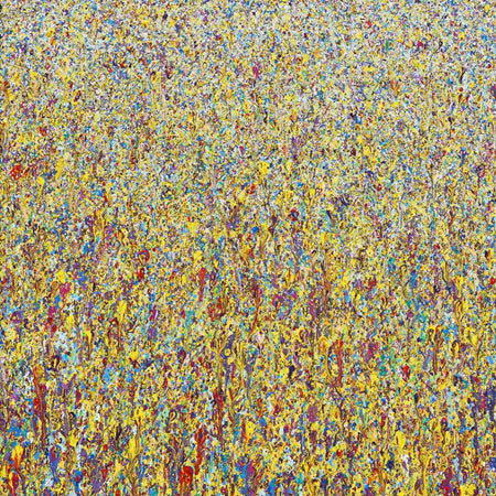 Abstraktes Gemälde "Claim 84" von Mark Hellbusch mit intensiven Farben in Gelb, Blau, Rot und Violett, 50x70cm, 2021, Privatbesitz