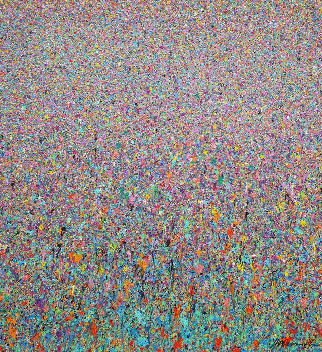 Claim 95 - Gemälde im Großformat, modern und abstrakt (120 x 110 cm). Bunte Farben - insbesondere grün und violett, ergeben ein buntes, organisches Feld. Der Verlauf der Farben ist oben punktartig und hell. Im unteren Bereich des Gemäldes werden die Farben immer strichartiger und kräftiger. ARTLET - Atelier Hellbusch