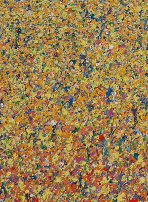 Claim 102 | Modernes Kunstwerk, großformatig und abstrakt. Bunte Farben - insbesondere Gelb - aber auch Rot, Orange, Grün, Weiß und Blau sowie deren Vermischungen ergeben ein organisches Feld. Der Verlauf ist oben eher punktartig. Nach unten hin immer länger (Farbstriche) . Die moderne Malerei erinnert an Natur. Nahaufnahme. ARTLET - Atelier Hellbusch.