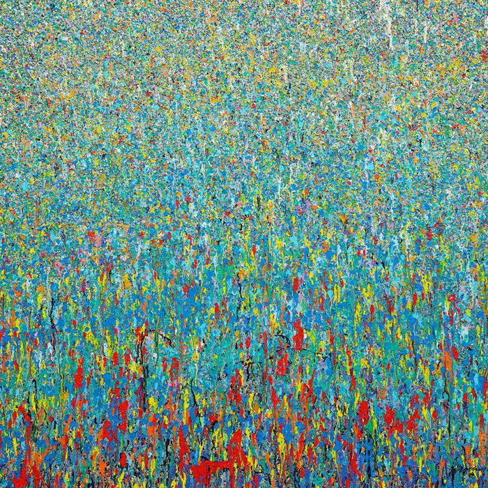 Abstraktes Acrylgemälde in leuchtendem Blau mit roten, gelben und grünen Akzenten von Mark Hellbusch – Claim 104, 2022, 120 x 140 cm.