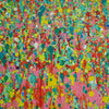 Rundes abstraktes Gemälde "Claim 132" in einer Nahaufnahme. Mit intensiven Farben in Grün, Pink und Gelb. Inspiriert von floralen Landschaften, Acryl auf Leinwand, 80 cm Durchmesser, entstanden 2024. ARTLET - Atelier Hellbusch (Künstler)