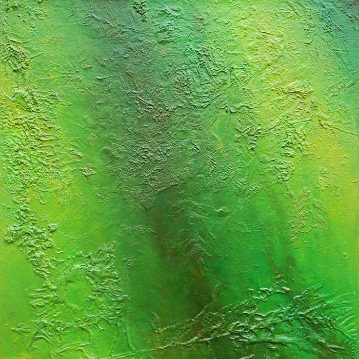 "Clara", 46x48cm,2026 (Ausschnitt): Abstrakte Kunst von Mark Hellbusch in grünen Farben auf Leinwand mit feiner strukturierter Oberfläche.