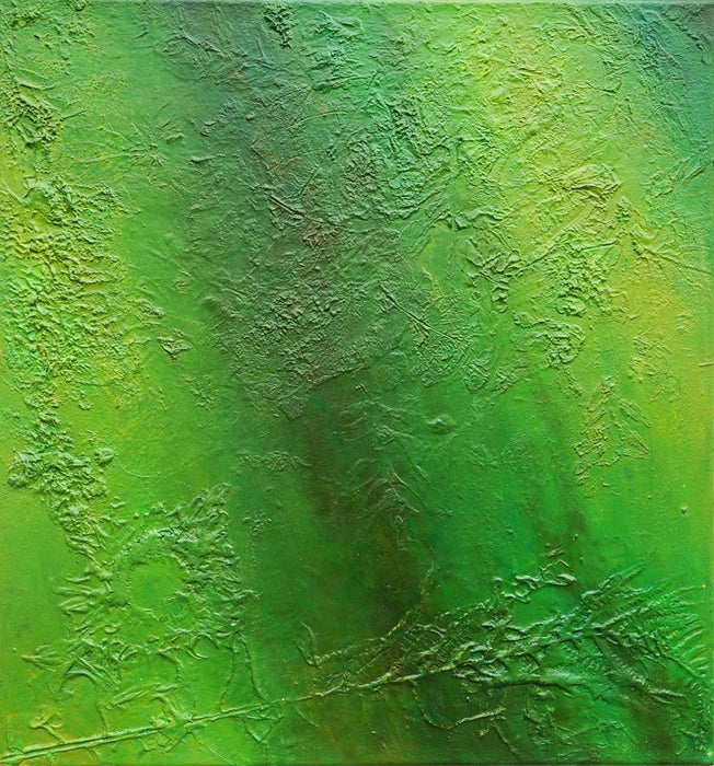 "Clara", 46x48cm,2026: Abstrakte Kunst von Mark Hellbusch in grünen Farben auf Leinwand mit feiner strukturierter Oberfläche.