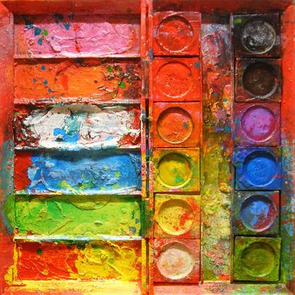 Abstraktes Farbkasten-Gemälde „Das Spiel II“ (80 × 80 × 4 cm, 2015) – quadratisches Werk in kräftigen Rot-, Gelb-, Blau- und Grüntönen, pastose Oberfläche, expressive Struktur. Privatbesitz.