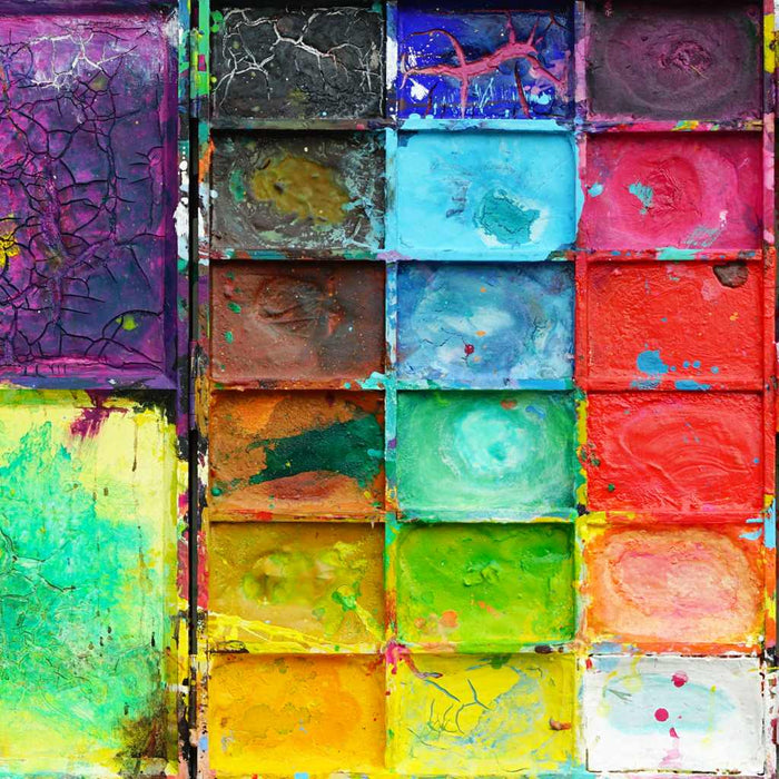 Abstraktes Farbkasten-Gemälde „Das schöne Paar“ (80 × 170 × 4 cm) – modernes Objektbild in Mischtechnik von Mark Hellbusch mit kräftigen Gelb-, Rot-, Blau- und Violettflächen im Dialog. Heute in Privatbesitz.