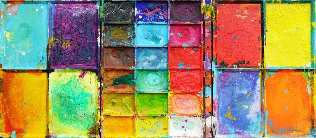 Abstraktes Farbkasten-Gemälde „Das schöne Paar“ (80 × 170 × 4 cm) – modernes Objektbild in Mischtechnik von Mark Hellbusch mit kräftigen Gelb-, Rot-, Blau- und Violettflächen im Dialog. Heute in Privatbesitz.