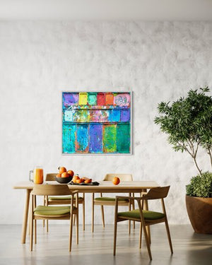 "Der Letzte Schnee" zeigt Malerei auf einem Wandobjekt (100 x 90 cm) im Raum. In den Mischfächer (unten) sind vor allem bläuliche und grünliche Töne zu sehen. Oben befinden sich 7 rechteckige Teller mit den üblichen bunten Farben eines Farbkastens. In den Zwischenräumen sind farbige Kleckse und -Flecken sichtbar. Moderne Kunst vom freischaffenden Künstler Mark Hellbusch. ARTLET