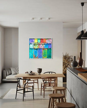 "Der Letzte Schnee" zeigt Malerei auf einem Wandobjekt (100 x 90 cm) im Raum. In den Mischfächer (unten) sind vor allem bläuliche und grünliche Töne zu sehen. Oben befinden sich 7 rechteckige Teller mit den üblichen bunten Farben eines Farbkastens. In den Zwischenräumen sind farbige Kleckse und -Flecken sichtbar. Moderne Kunst vom freischaffenden Künstler Mark Hellbusch. ARTLET