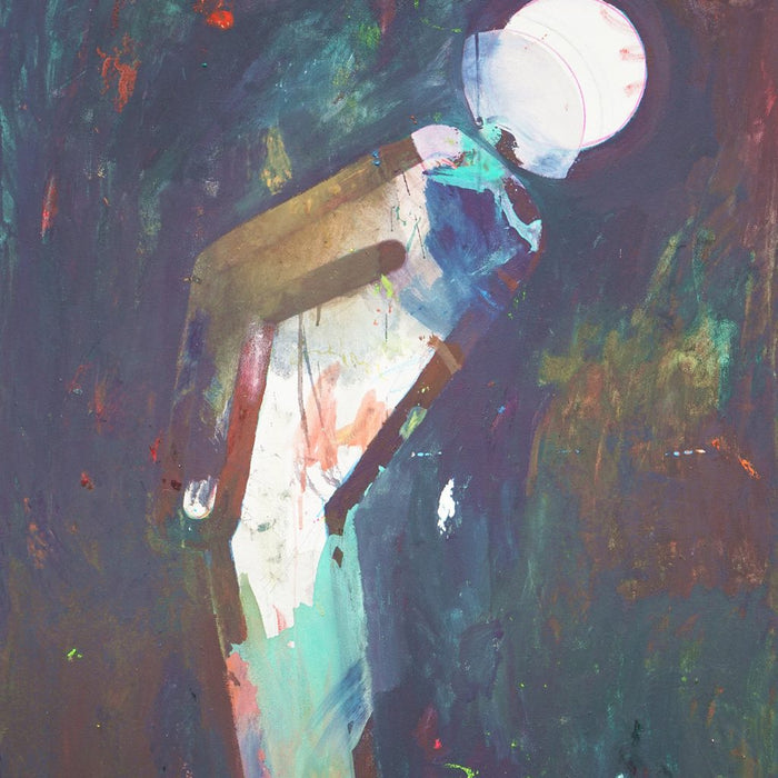 Der Besucher I – figurative Ölmalerei über Begegnung, Respekt und Menschlichkeit aus der Serie Schmiertafel von Mark Hellbusch