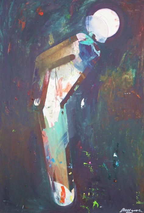 Der Besucher I – figurative Ölmalerei über Begegnung, Respekt und Menschlichkeit aus der Serie Schmiertafel von Mark Hellbusch