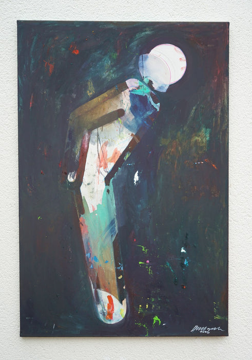 Der Besucher I – figurative Ölmalerei über Begegnung, Respekt und Menschlichkeit aus der Serie Schmiertafel von Mark Hellbusch