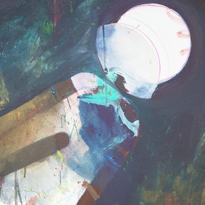 Der Besucher I (Ausschnitt) – figurative Ölmalerei über Begegnung, Respekt und Menschlichkeit aus der Serie Schmiertafel von Mark Hellbusch