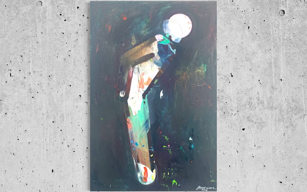 Der Besucher I (in situ) – figurative Ölmalerei über Begegnung, Respekt und Menschlichkeit aus der Serie Schmiertafel von Mark Hellbusch
