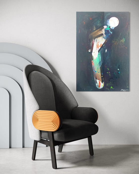 Der Besucher I (in situ) – figurative Ölmalerei über Begegnung, Respekt und Menschlichkeit aus der Serie Schmiertafel von Mark Hellbusch