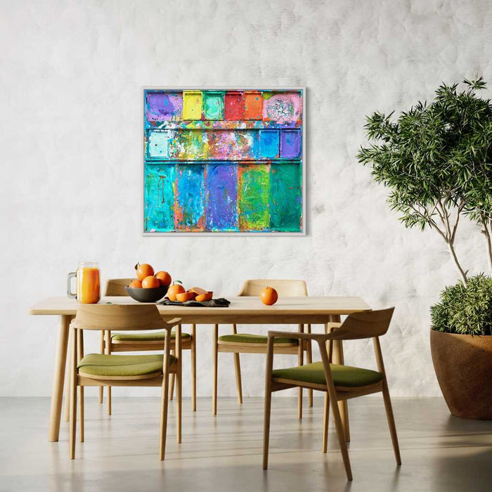 "Der Letzte Schnee" zeigt Malerei auf einem Wandobjekt (100 x 90 cm, in Situation). In den Mischfächer (unten) sind vor allem bläuliche und grünliche Töne zu sehen. Oben befinden sich 7 rechteckige Teller mit den üblichen bunten Farben eines Farbkastens. In den Zwischenräumen sind farbige Kleckse und -Flecken sichtbar. Moderne Kunst vom freischaffenden Künstler Mark Hellbusch. ARTLET 