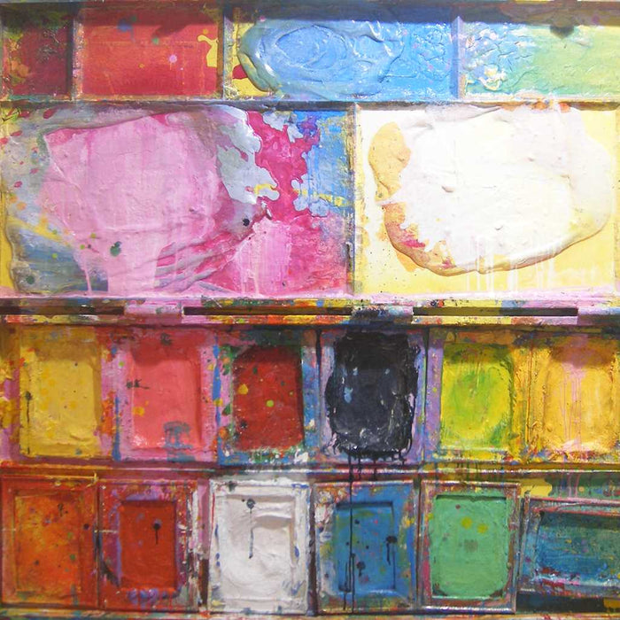 Farbkasten-Gemälde „Die heitere Runde“ (120 × 150 × 4 cm, 2012) – Mischtechnik von Mark Hellbusch. Helle Rosa-, Gelb- und Blautöne kontrastieren mit kräftigen Schwarz- und Rotakzenten. Heute in Privatbesitz.