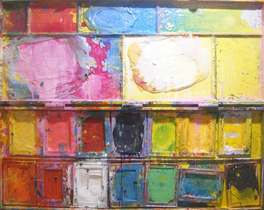 Farbkasten-Gemälde „Die heitere Runde“ (120 × 150 × 4 cm, 2012) – Mischtechnik von Mark Hellbusch. Helle Rosa-, Gelb- und Blautöne kontrastieren mit kräftigen Schwarz- und Rotakzenten. Heute in Privatbesitz.