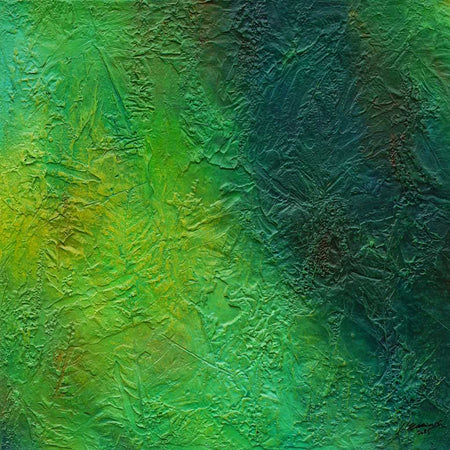 Abstraktes Gemälde „Edward“ (90 × 90 cm, 2022) – grüne zeitgenössische Malerei mit organischen Strukturen und Tiefe auf Leinwand. Atelier Hellbusch