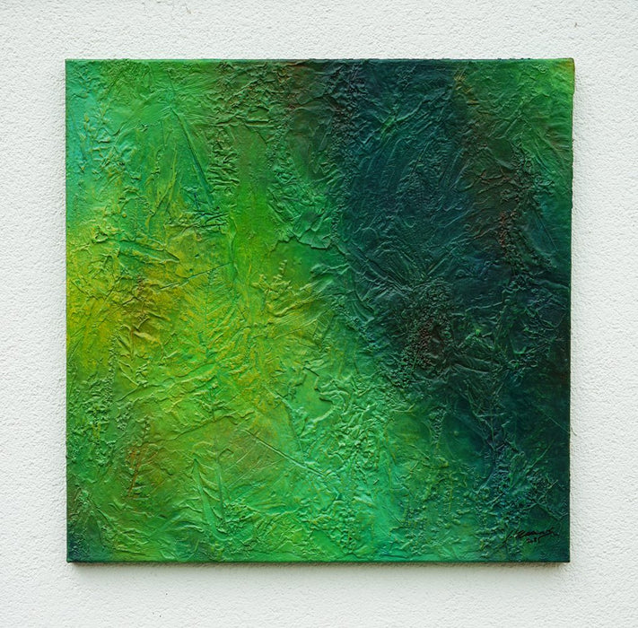 Abstraktes Gemälde „Edward“ (90 × 90 cm, 2022) – grüne zeitgenössische Malerei mit organischen Strukturen und Tiefe auf Leinwand. Atelier Hellbusch