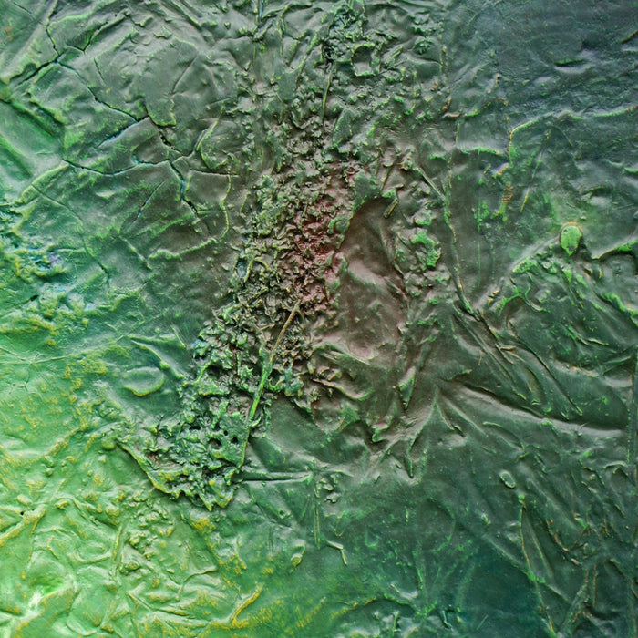 Abstraktes Gemälde „Edward“ (90 × 90 cm, 2022, Ausschnitt) – grüne zeitgenössische Malerei mit organischen Strukturen und Tiefe auf Leinwand. Atelier Hellbusch