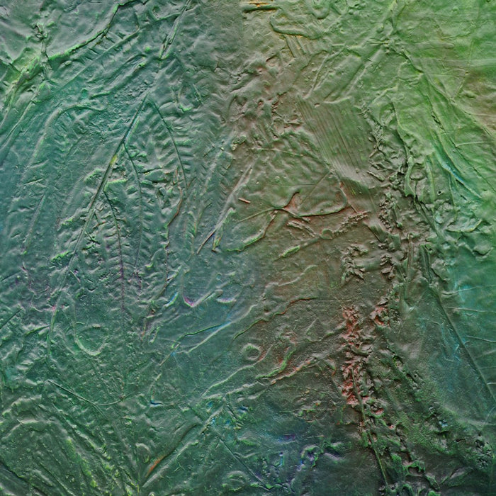 Abstraktes Gemälde „Edward“ (90 × 90 cm, 2022, Ausschnitt) – grüne zeitgenössische Malerei mit organischen Strukturen und Tiefe auf Leinwand. Atelier Hellbusch