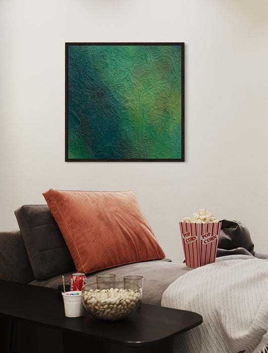 Abstraktes Gemälde „Edward“ (90 × 90 cm, 2022, in situ) – grüne zeitgenössische Malerei mit organischen Strukturen und Tiefe auf Leinwand. Atelier Hellbusch