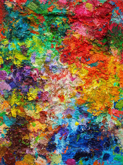 Farbdiskussion – farbintensive abstrakte Malerei mit kräftigen Gelb-, Rot-, Grün-, Blau- und Violetttönen von Mark Hellbusch
