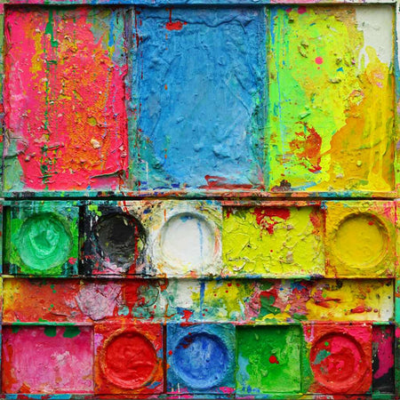 Quadratisches Farbkasten-Gemälde „Fastnacht“ (80 × 80 × 4 cm, 2020) von Mark Hellbusch – intensives, farbenfrohes Objektbild mit leuchtenden Pink-, Blau-, Gelb- und Grüntönen. Mischtechnik, verkauft, Privatbesitz.