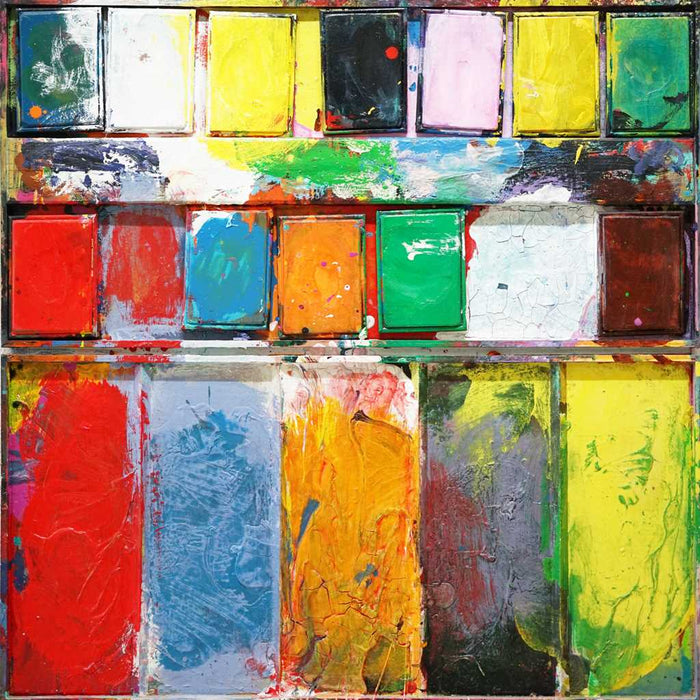 "Gesprächsrunde" zeigt bunte Malerei auf einem überdimensionierten Farbkasten (101 x 101 x 4 cm). Großformatige Kunst. ARTLET - Atelier Hellbusch
