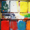 "Gesprächsrunde" zeigt bunte Malerei auf einem überdimensionierten Farbkasten (101 x 101 x 4 cm, Nahaufnahme). Großformatige Kunst. ARTLET - Atelier Hellbusch