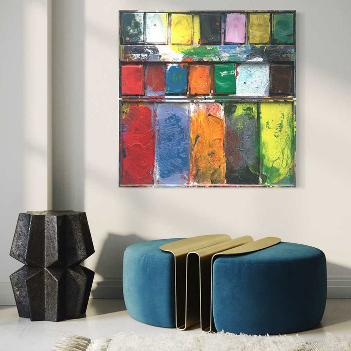 "Gesprächsrunde" zeigt bunte Malerei auf einem überdimensionierten Farbkasten (101 x 101 x 4 cm, in Situation). Großformatige Kunst. ARTLET - Atelier Hellbusch