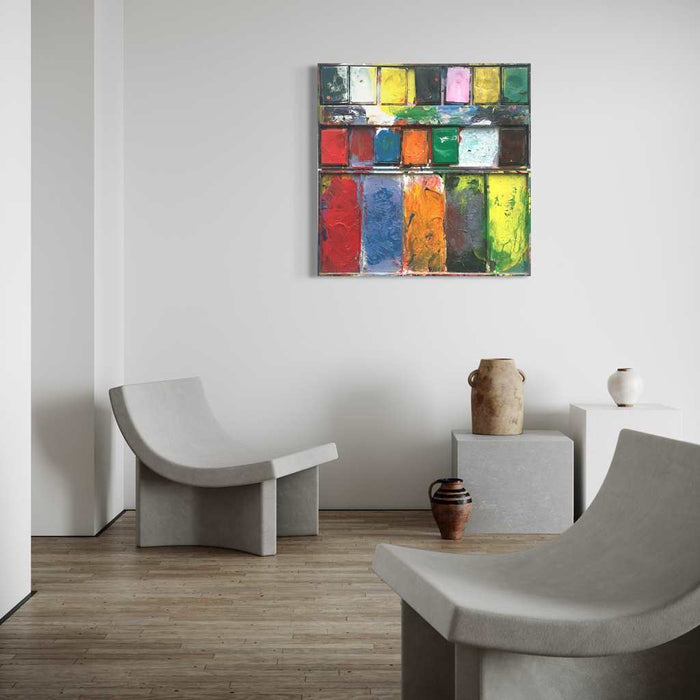 "Gesprächsrunde" zeigt bunte Malerei auf einem überdimensionierten Farbkasten (101 x 101 x 4 cm, in Situation). Großformatige Kunst. ARTLET - Atelier Hellbusch