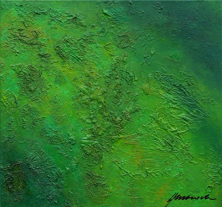 "Harry", 46x48cm, 2026: abstraktes Gemälde von Mark Hellbusch in grünen Farben auf Leinwand mit feiner strukturierter Oberfläche