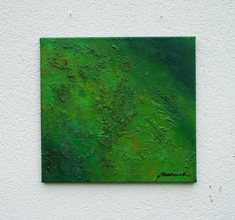 "Harry", 46x48cm, 2026: abstraktes Gemälde von Mark Hellbusch in grünen Farben auf Leinwand mit feiner strukturierter Oberfläche