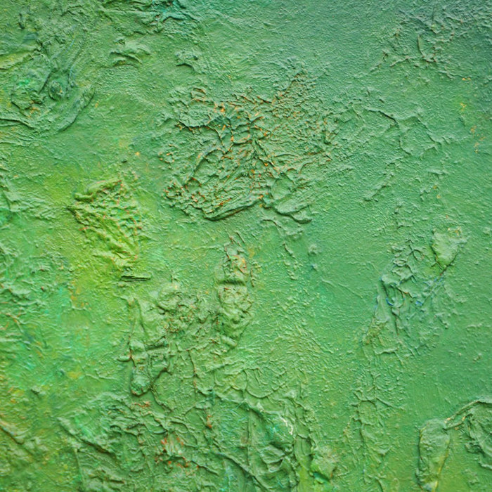 "Harry", 46x48cm, 2026 (Ausschnitt): abstraktes Gemälde von Mark Hellbusch in grünen Farben auf Leinwand mit feiner strukturierter Oberfläche