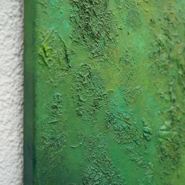 "Harry", 46x48cm, 2026 (Seitenperspektive): abstraktes Gemälde von Mark Hellbusch in grünen Farben auf Leinwand mit feiner strukturierter Oberfläche