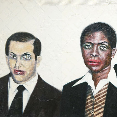 Expressive Gruppenportraits im Gemälde „Hunters II“ von Mark Hellbusch – vier Geschäftsleute mit mehrfachen Augen und Mündern als Symbol für Wettbewerb (Ausschnitt)