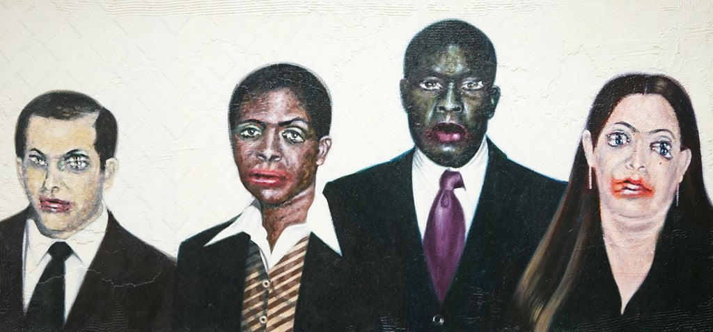 Expressive Gruppenportraits im Gemälde „Hunters II“ von Mark Hellbusch – vier Geschäftsleute mit mehrfachen Augen und Mündern als Symbol für Wettbewerb 