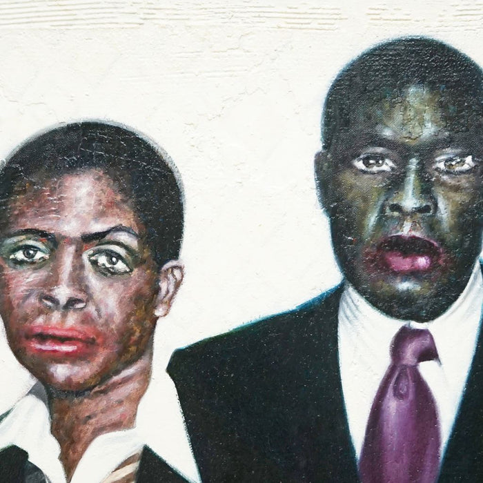 Expressive Gruppenportraits im Gemälde „Hunters II“ von Mark Hellbusch – vier Geschäftsleute mit mehrfachen Augen und Mündern als Symbol für Wettbewerb (Ausschnitt)