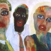 Expressives Gruppenportrait „Hunters“ mit fünf Figuren, übersteigerten Augen und Mündern, 100 × 190 cm, 2003, Öl auf Leinwand – Atelier Hellbusch
