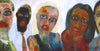 Expressives Gruppenportrait „Hunters“ mit fünf Figuren, übersteigerten Augen und Mündern, 100 × 190 cm, 2003, Öl auf Leinwand – Atelier Hellbusch