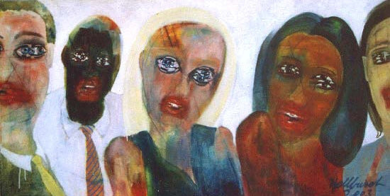 Expressives Gruppenportrait „Hunters“ mit fünf Figuren, übersteigerten Augen und Mündern, 100 × 190 cm, 2003, Öl auf Leinwand – Atelier Hellbusch
