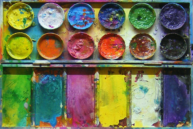 Farbenfrohes Farbkasten-Gemälde „Ich zeige dir Blumen“ (55 × 80 × 4 cm, 2014) – Mischtechnik von Mark Hellbusch. Runde Farbteller in kräftigen Farben, rechteckige Flächen wie abstrahierte Blüten. Heute in Privatbesitz.